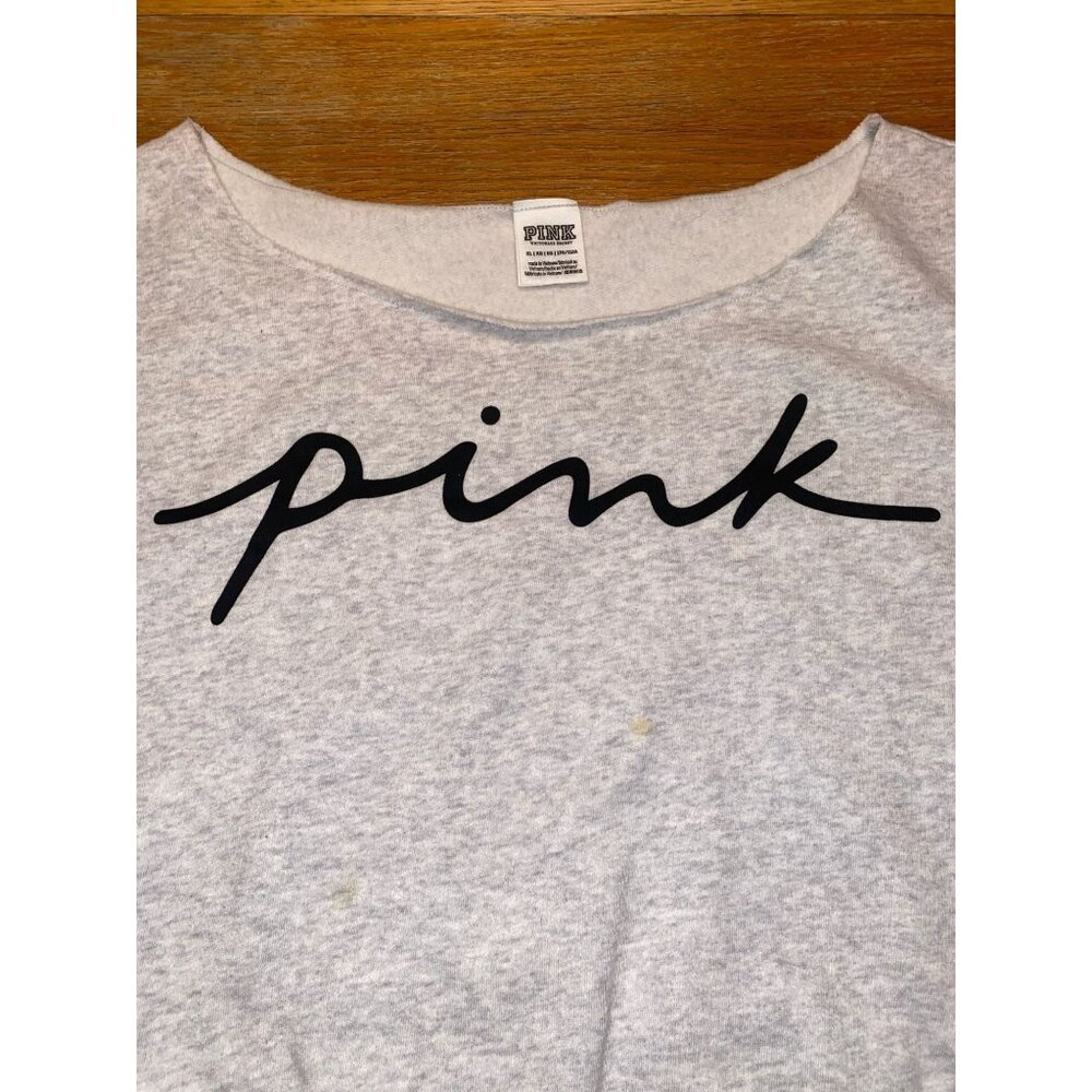 PINK Victoria's Secret Light Gray Cropped Sweatshirt with Black Script - Picture 3 of 5